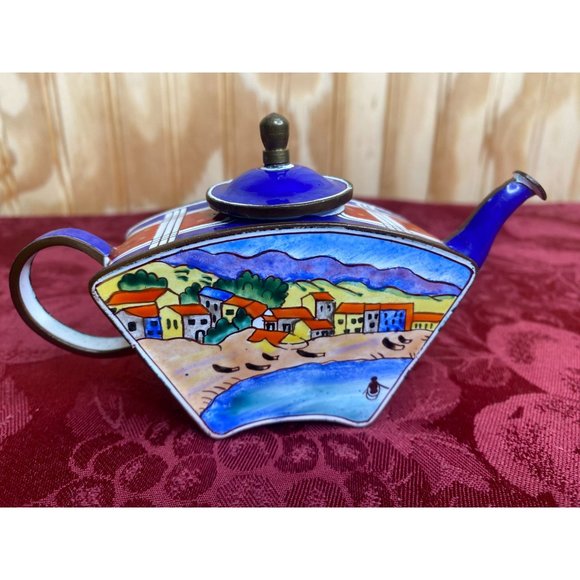 Vintage Kelvin Chen Miniature Teapot Beach Coastline Scene Blue Red Plaid Accent - Picture 1 of 7